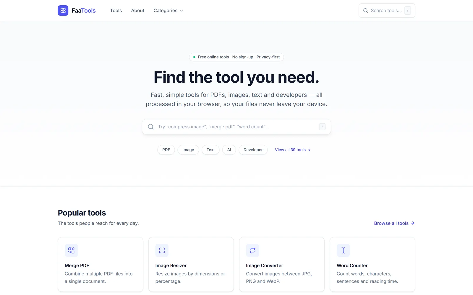 FaaTools homepage: a tool search bar, category filters and popular tools such as Merge PDF and Image Resizer